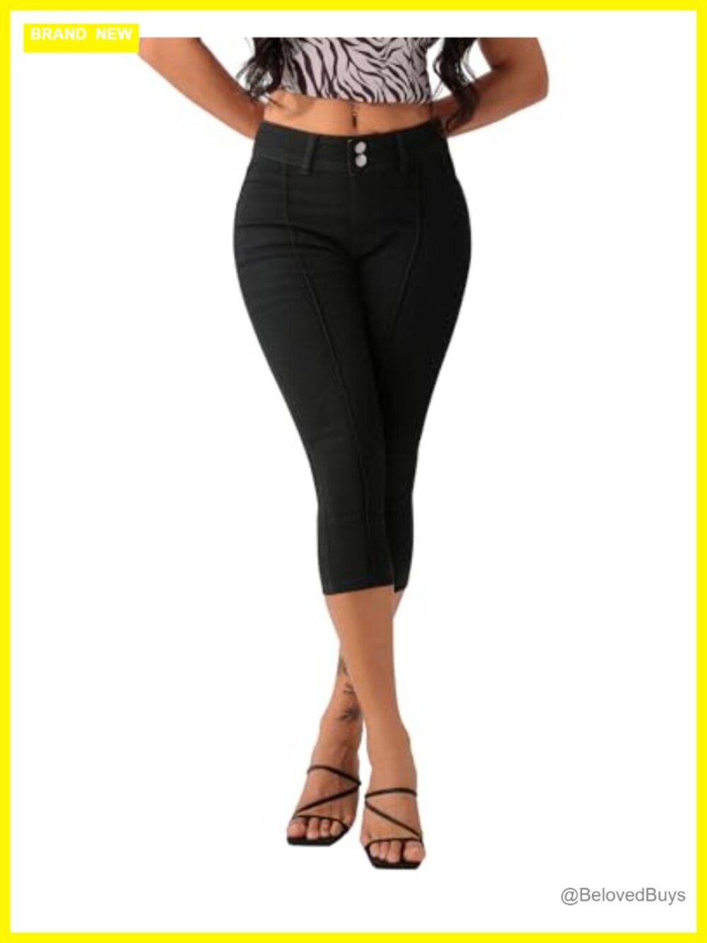 Women's Stretchy Mid Rise Skinny Capri Jeans Double Button Front Seam